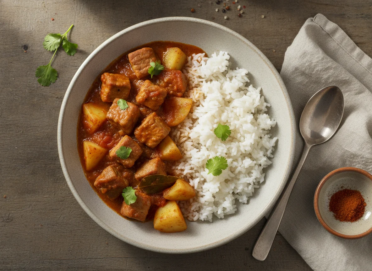 Guisado de cerdo con papas y arroz photo
