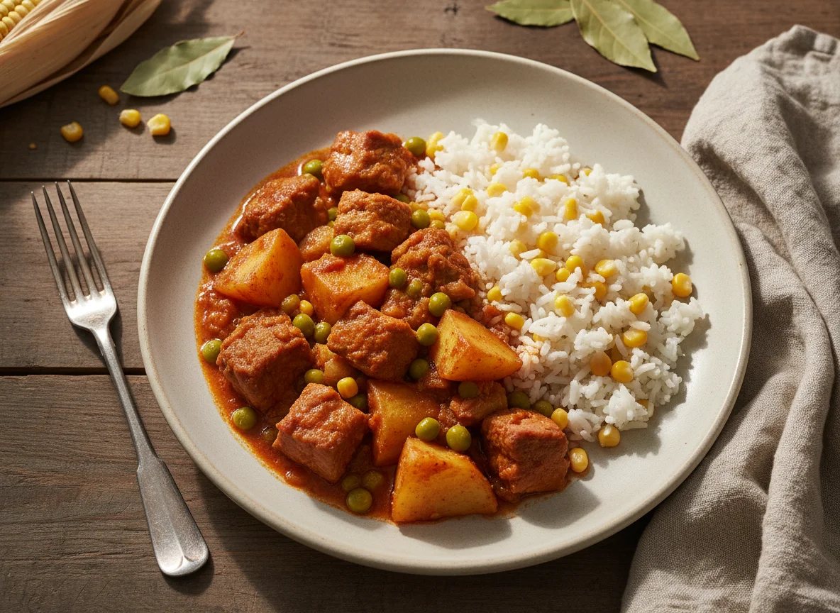 Guisado de cerdo con papas y arroz con elote photo