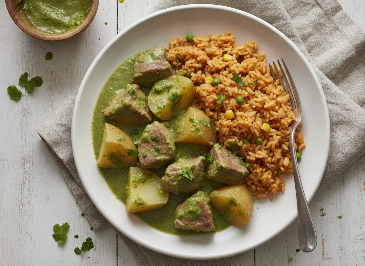 Guisado de cerdo con papas y arroz rojo photo