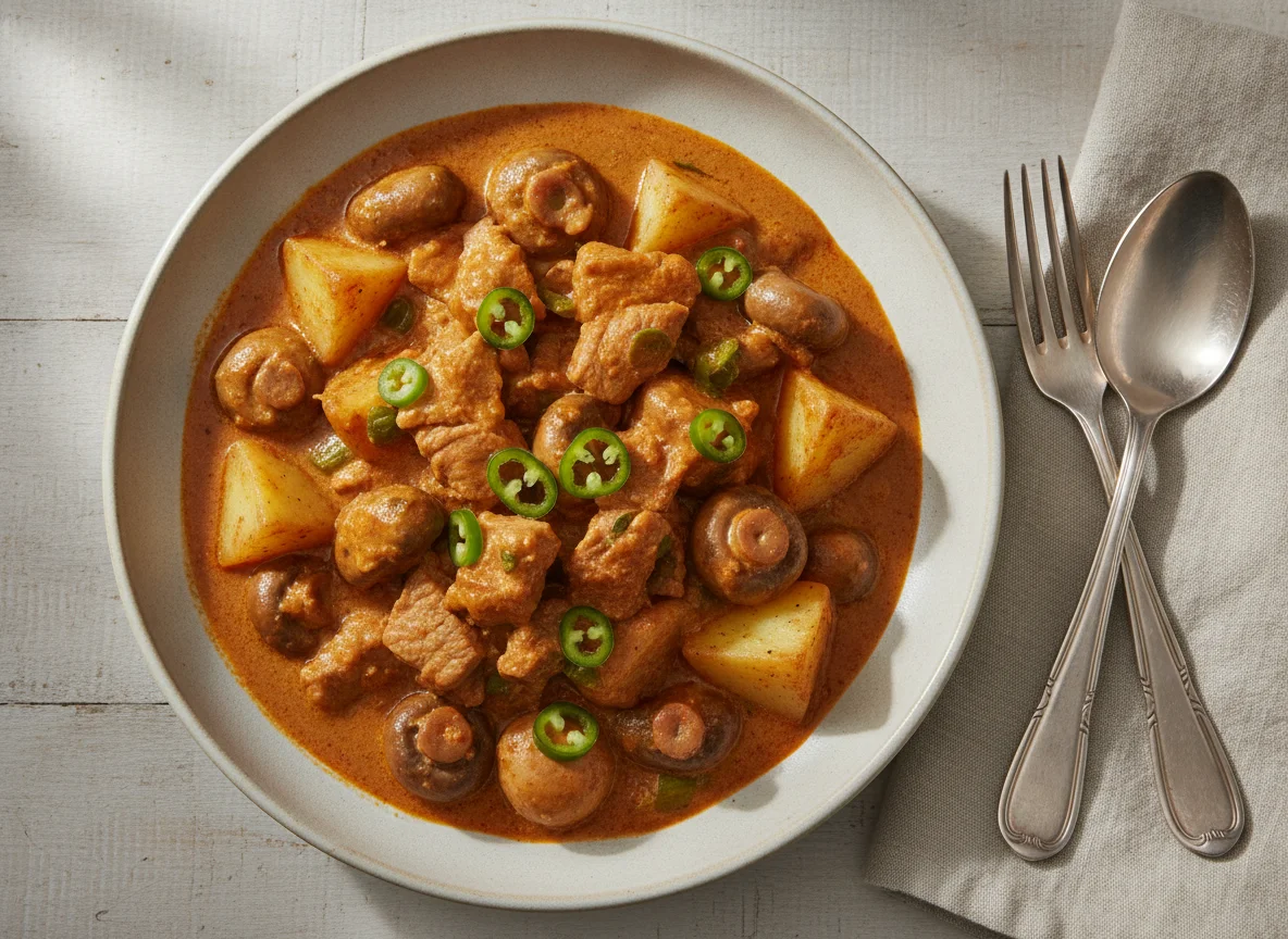 Guisado de cerdo con papas y champiñones en salsa de chile photo