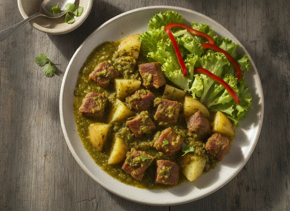 Guisado de cerdo con papas y ensalada photo
