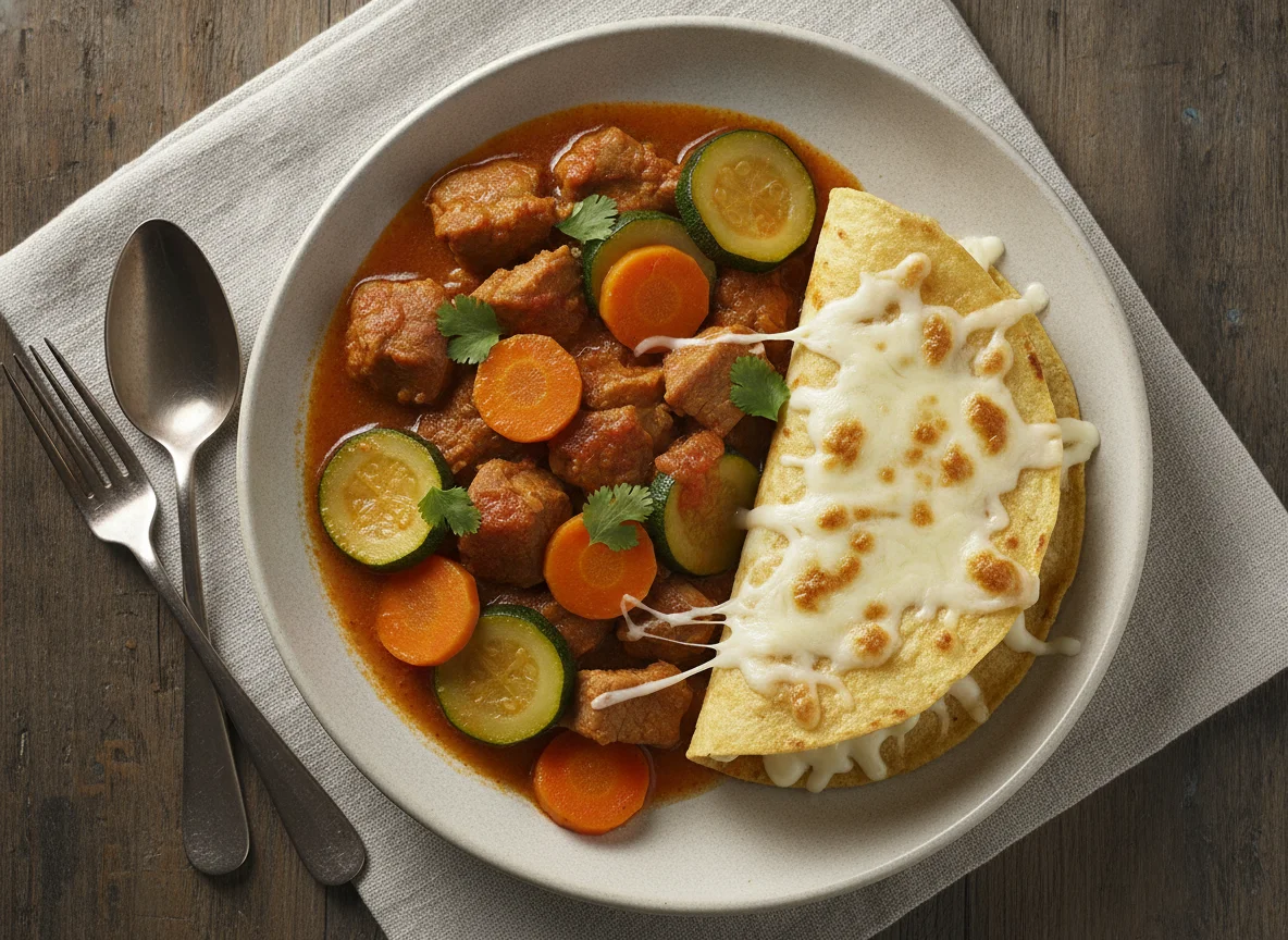 Guisado de cerdo con verduras y tortilla con queso photo