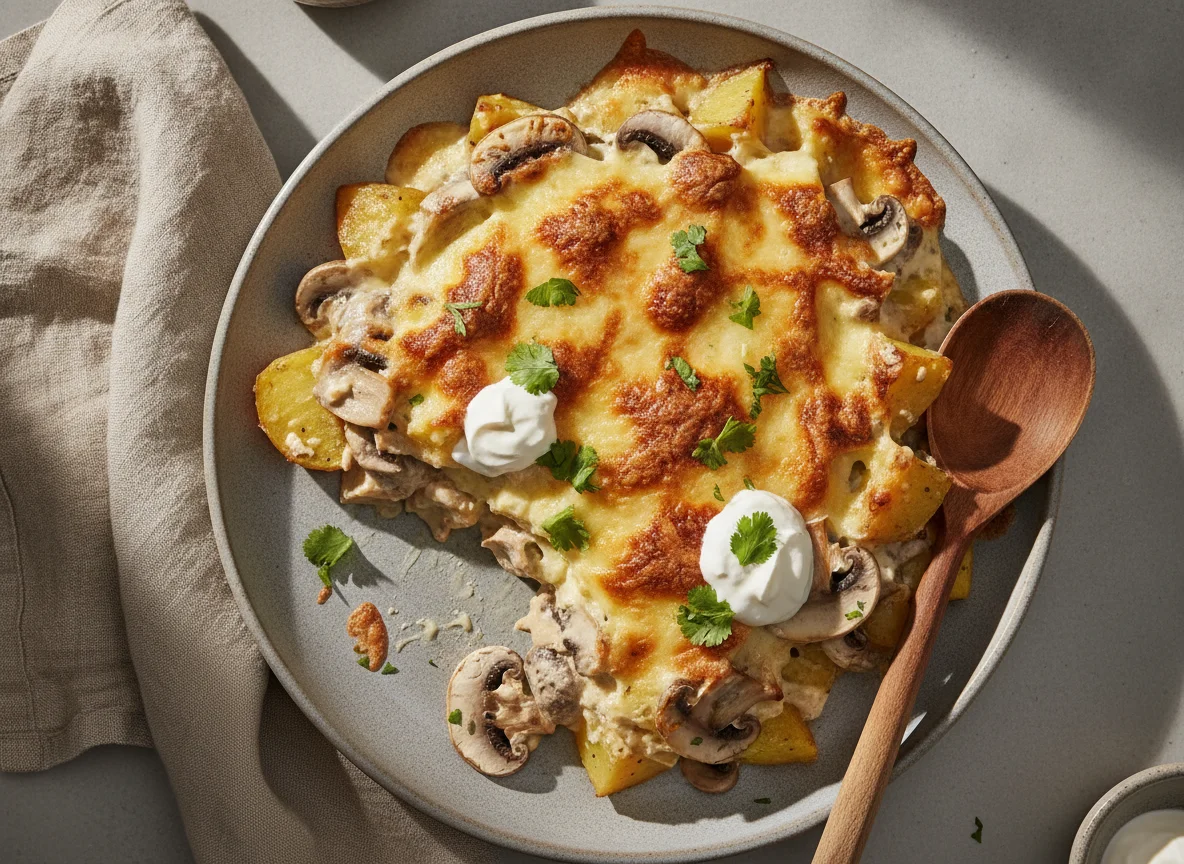 Guisado de champiñones y papas gratinado photo