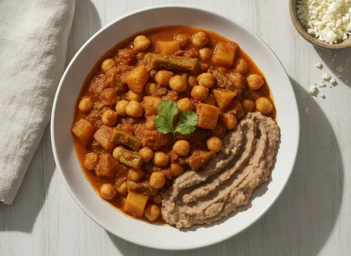 Guisado de nopales con papas, garbanzos y frijoles refritos photo