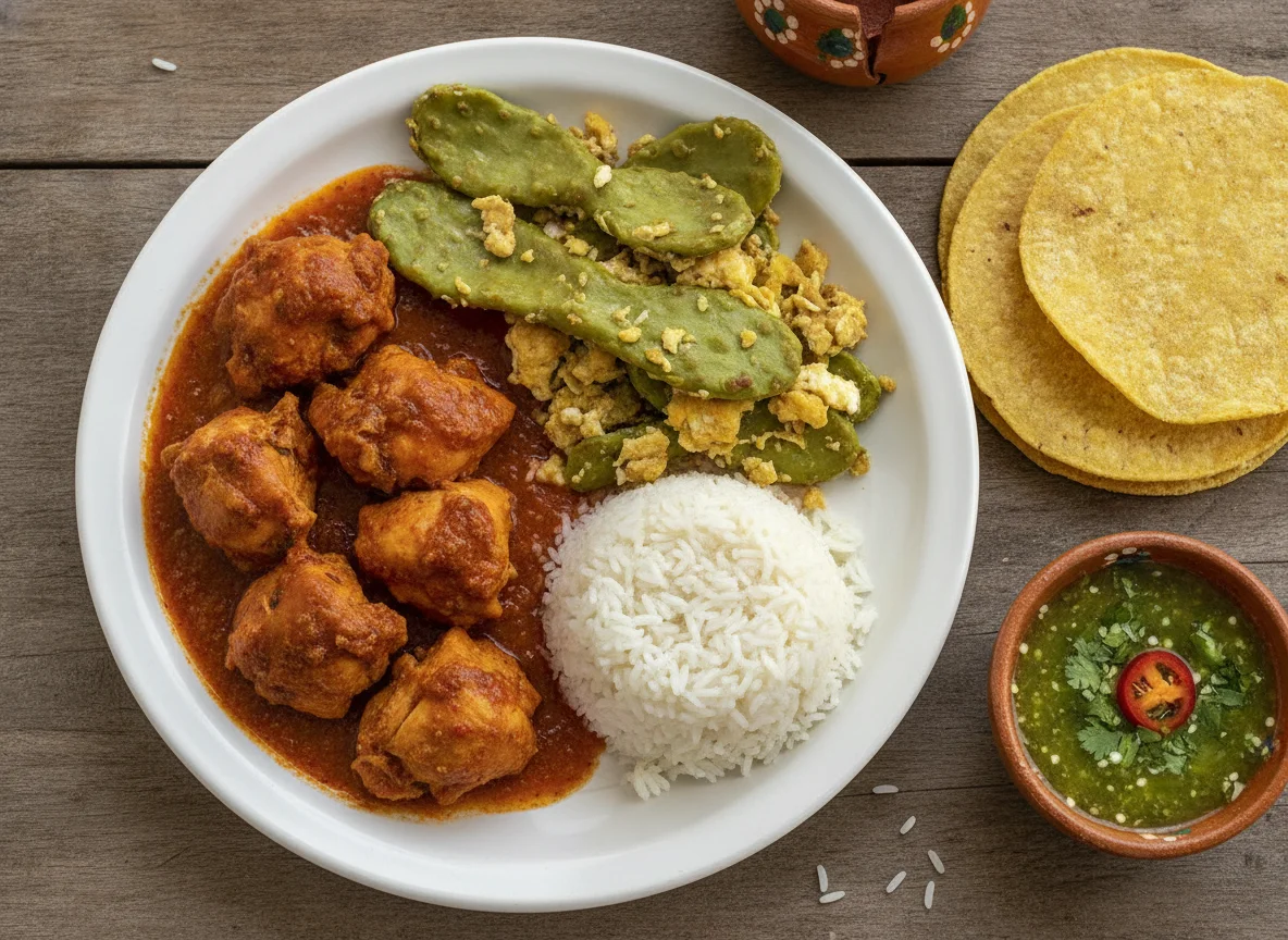 Guisado de pollo con nopales, arroz y tortilla photo