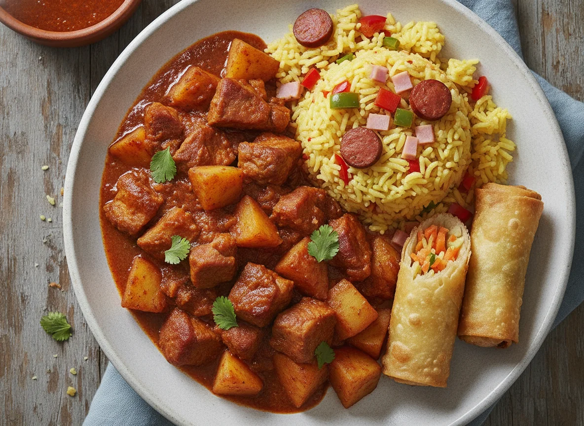 Guisado de puerco con papas, arroz y rollo primavera photo