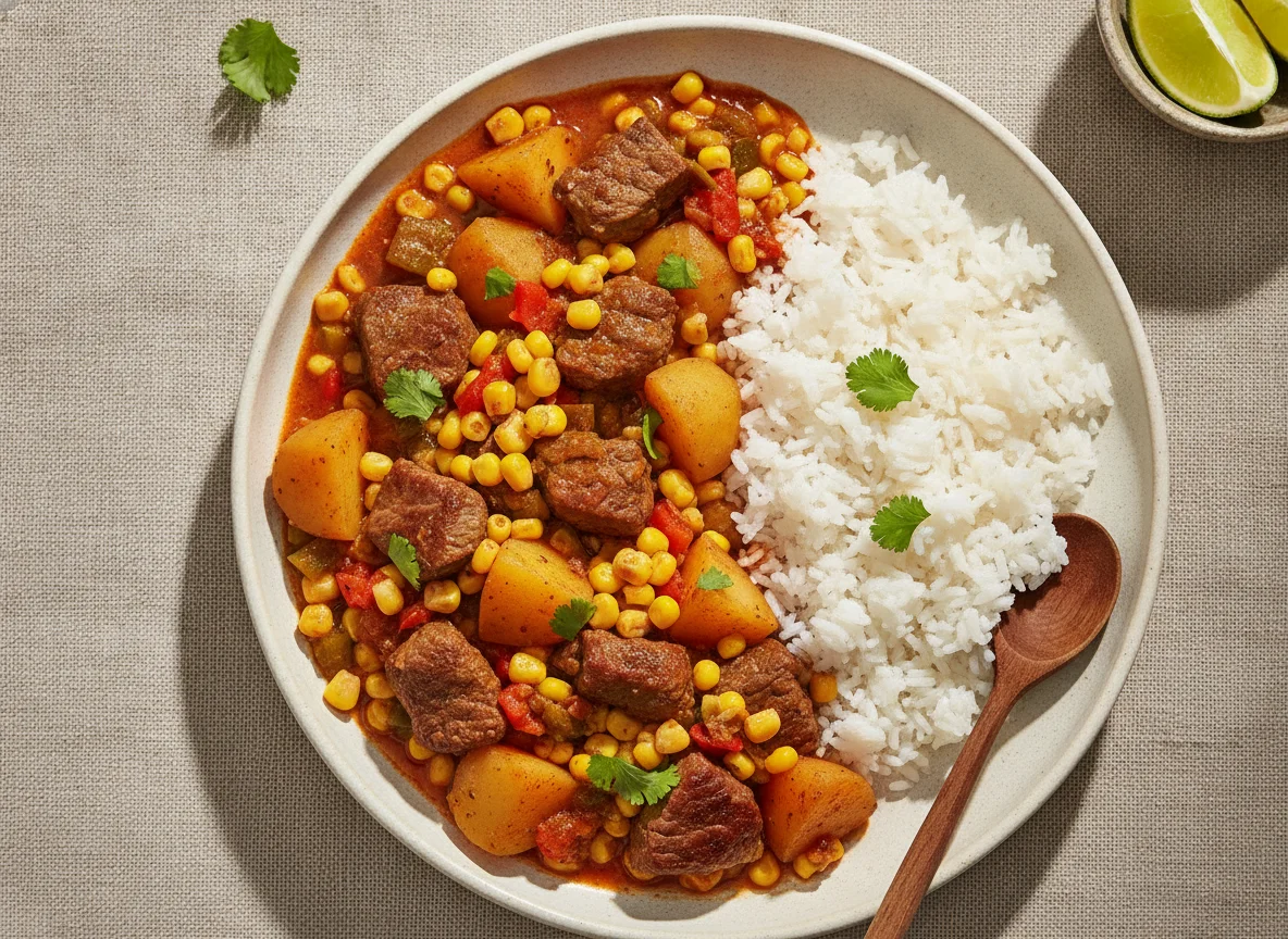 Guisado de res con arroz, papas y elote photo