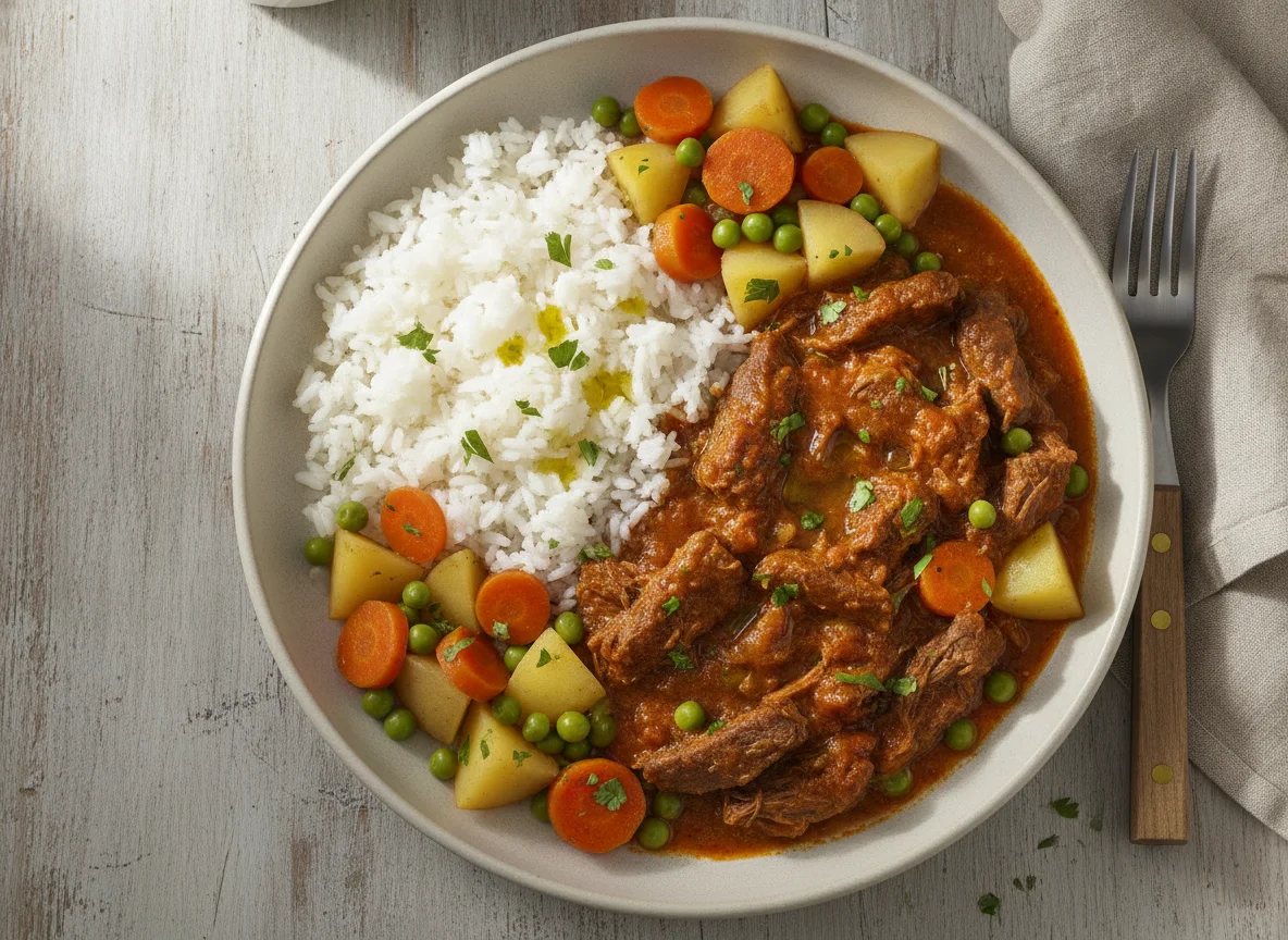 Guisado de res con arroz y verduras photo