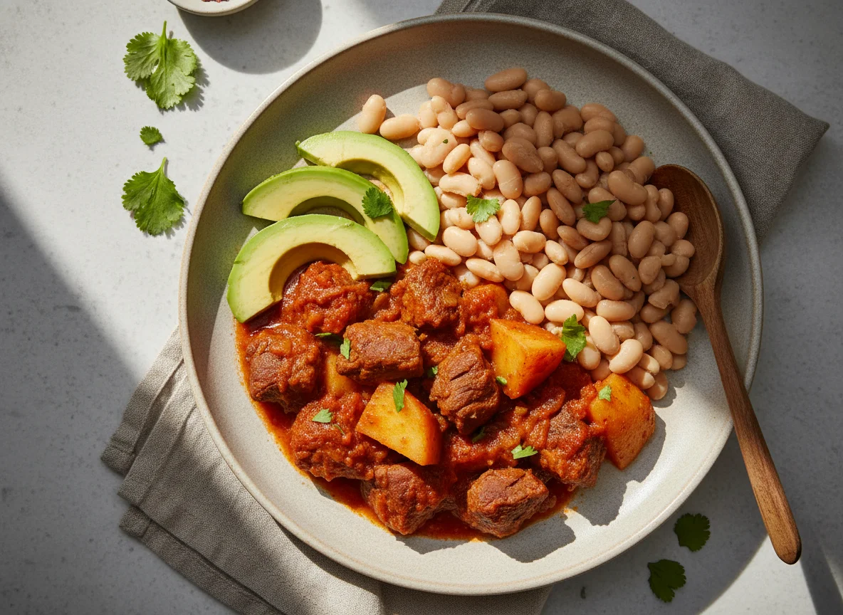 Guisado de res con papas, frijoles y aguacate photo