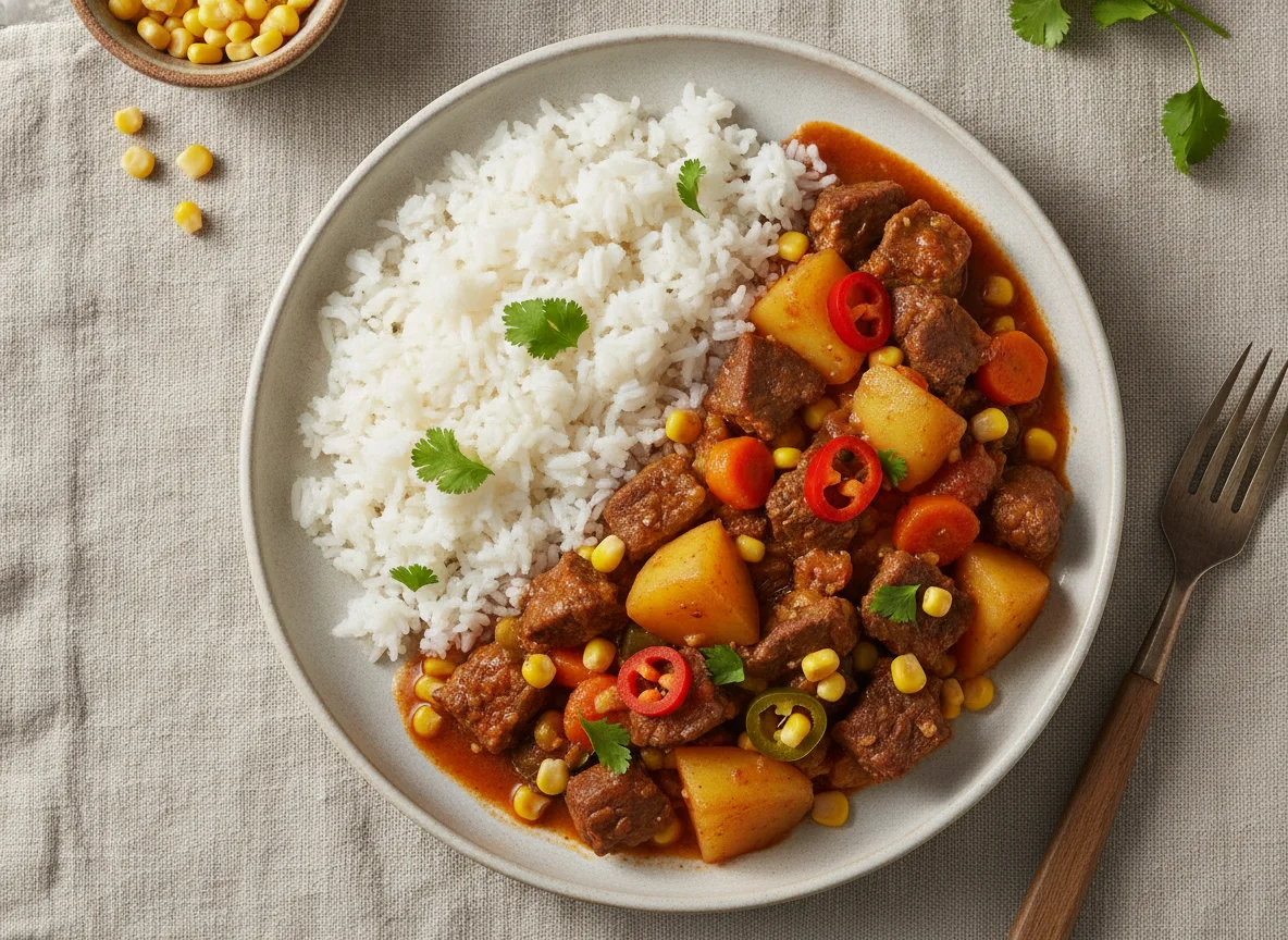 Guisado de res con papas y arroz blanco photo