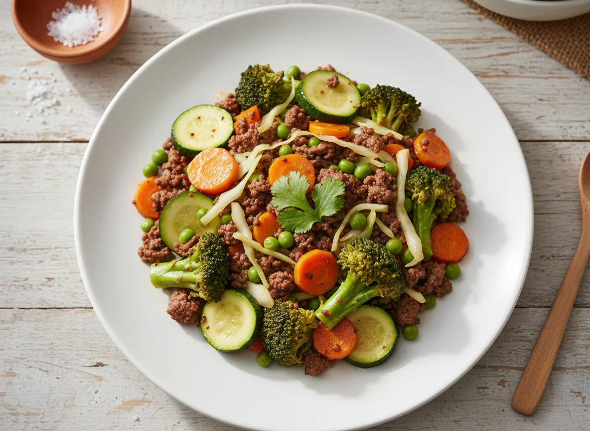 Guisado de verduras con carne molida photo