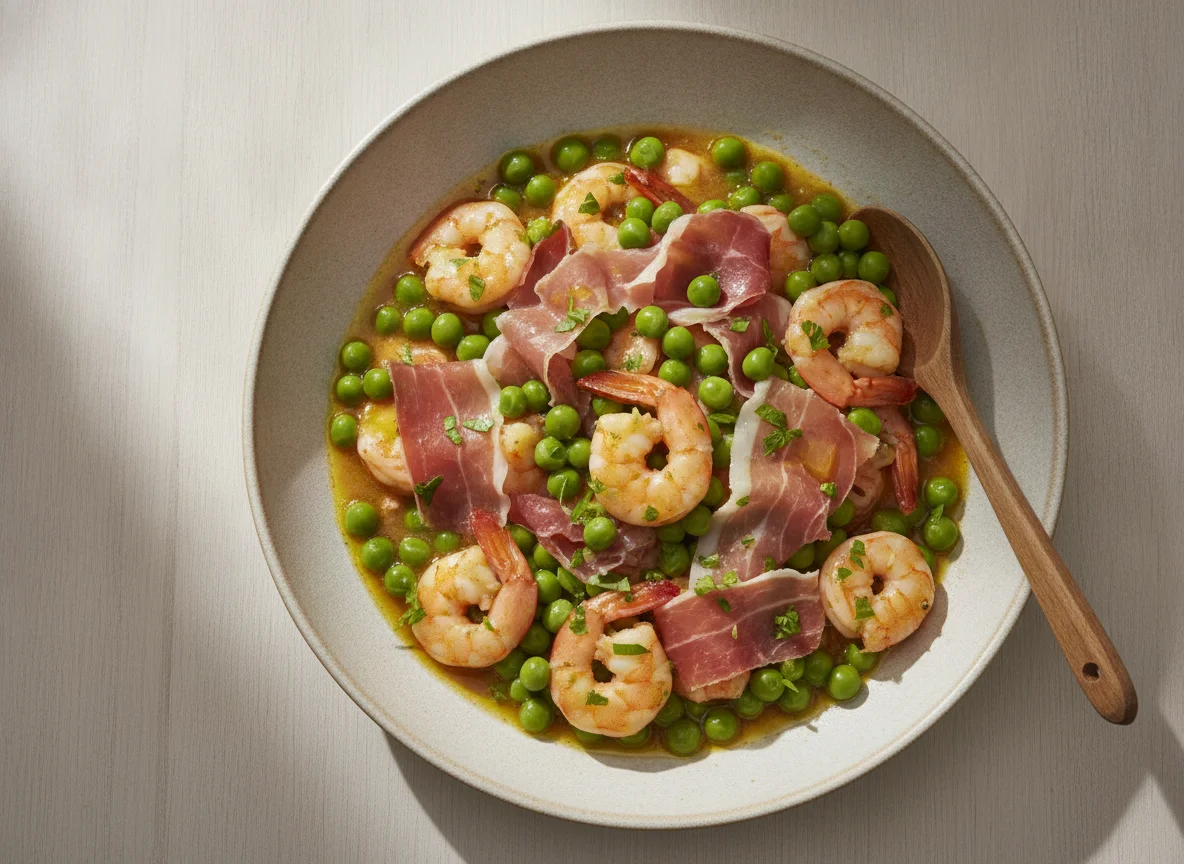 Guisantes con jamón y gambas photo