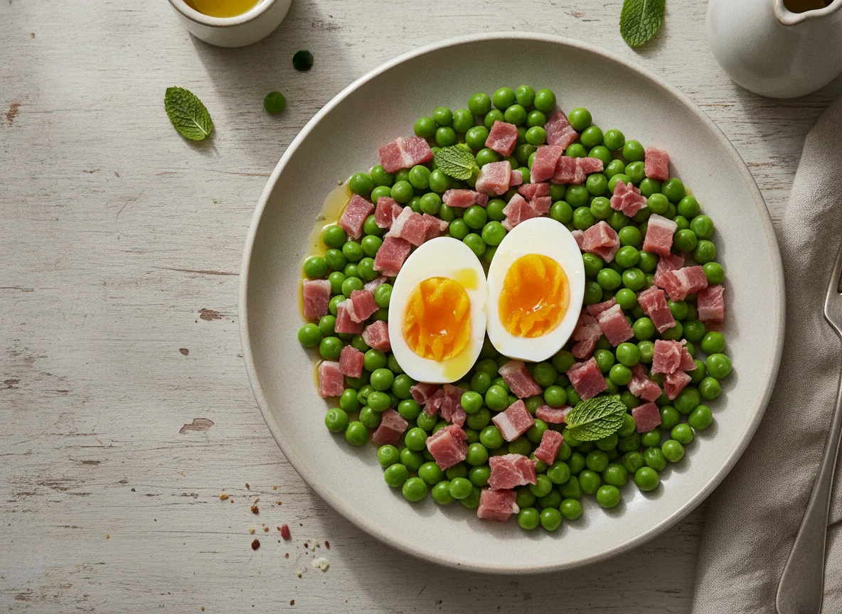 Guisantes con jamón y huevo photo