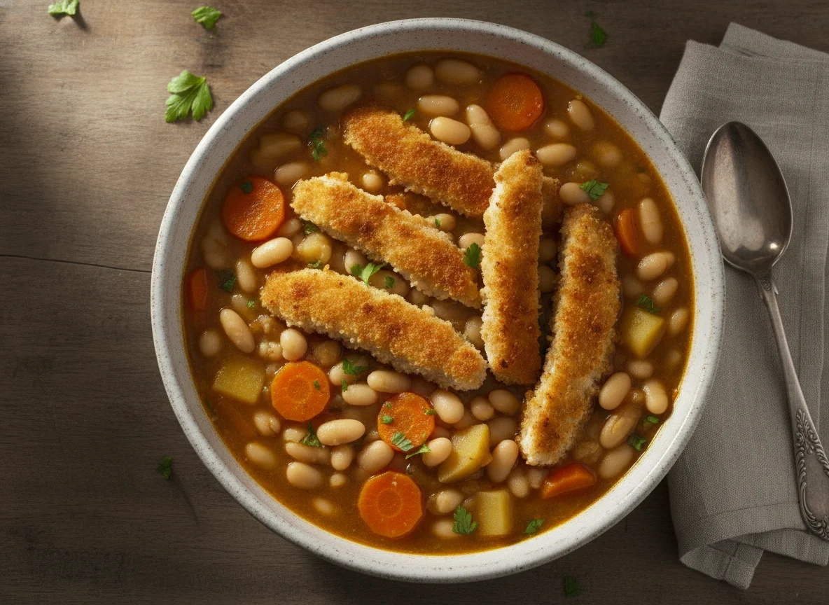 Guiso de alubias blancas con zanahoria y tiras de pollo rebozado photo