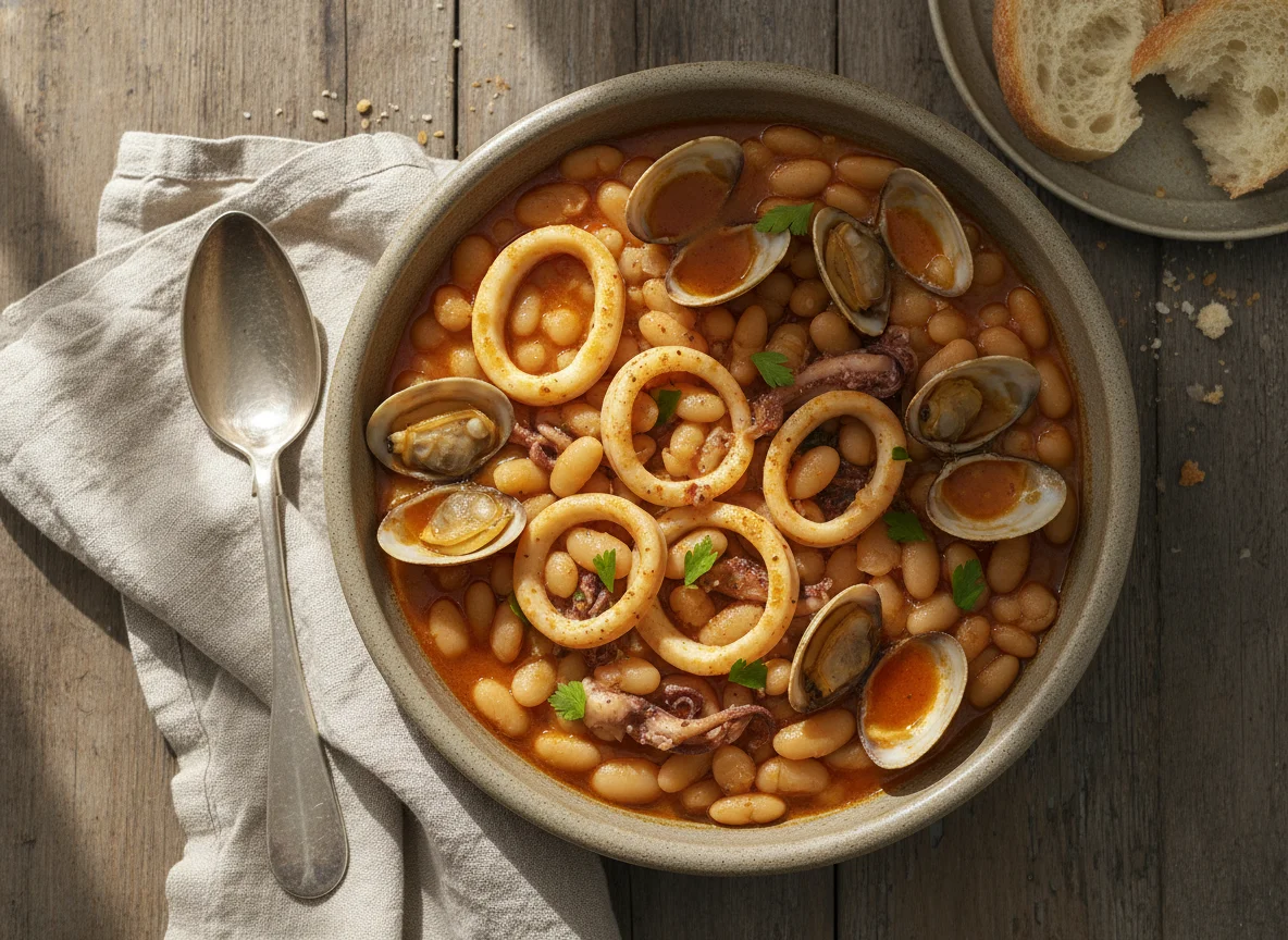 Guiso de alubias con calamares y almejas photo