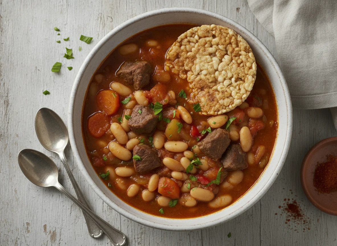 Guiso de alubias con carne y tortita de arroz photo