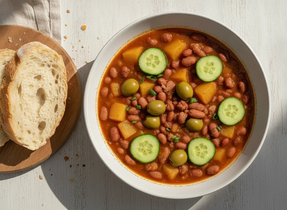 Guiso de alubias con patatas, pepino, aceitunas y pan photo