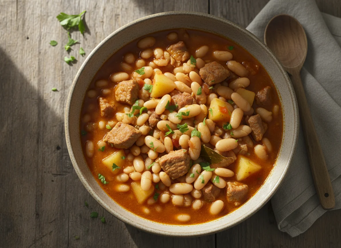 Guiso de alubias con patatas y carne photo