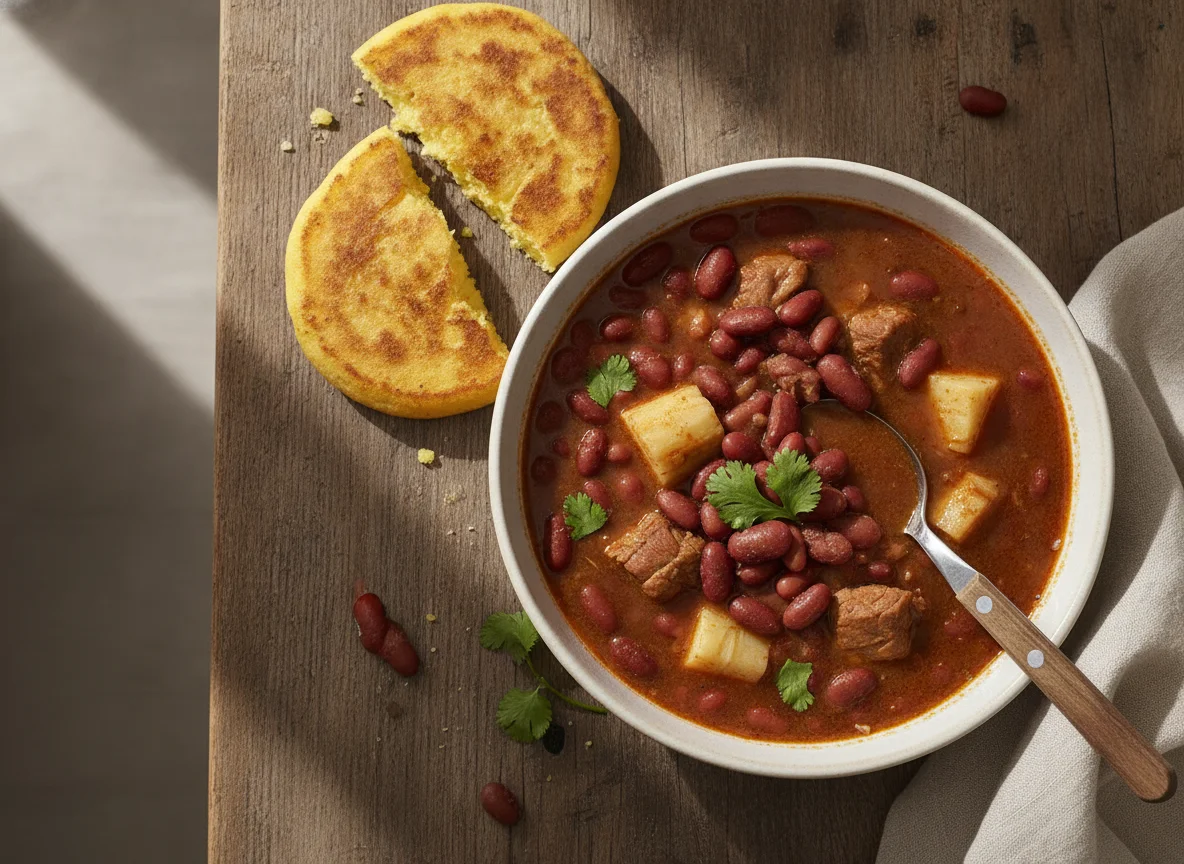 Guiso de alubias rojas con carne y arepa photo