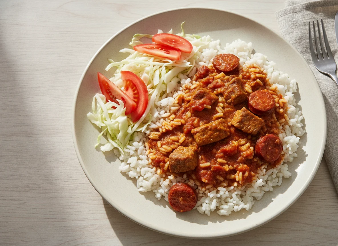 Guiso de arroz con carne y ensalada photo