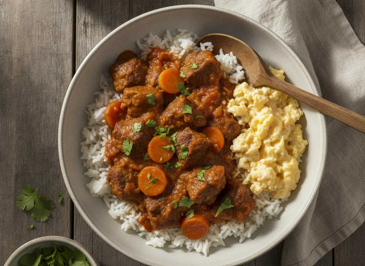 Guiso de arroz con carne y huevo photo
