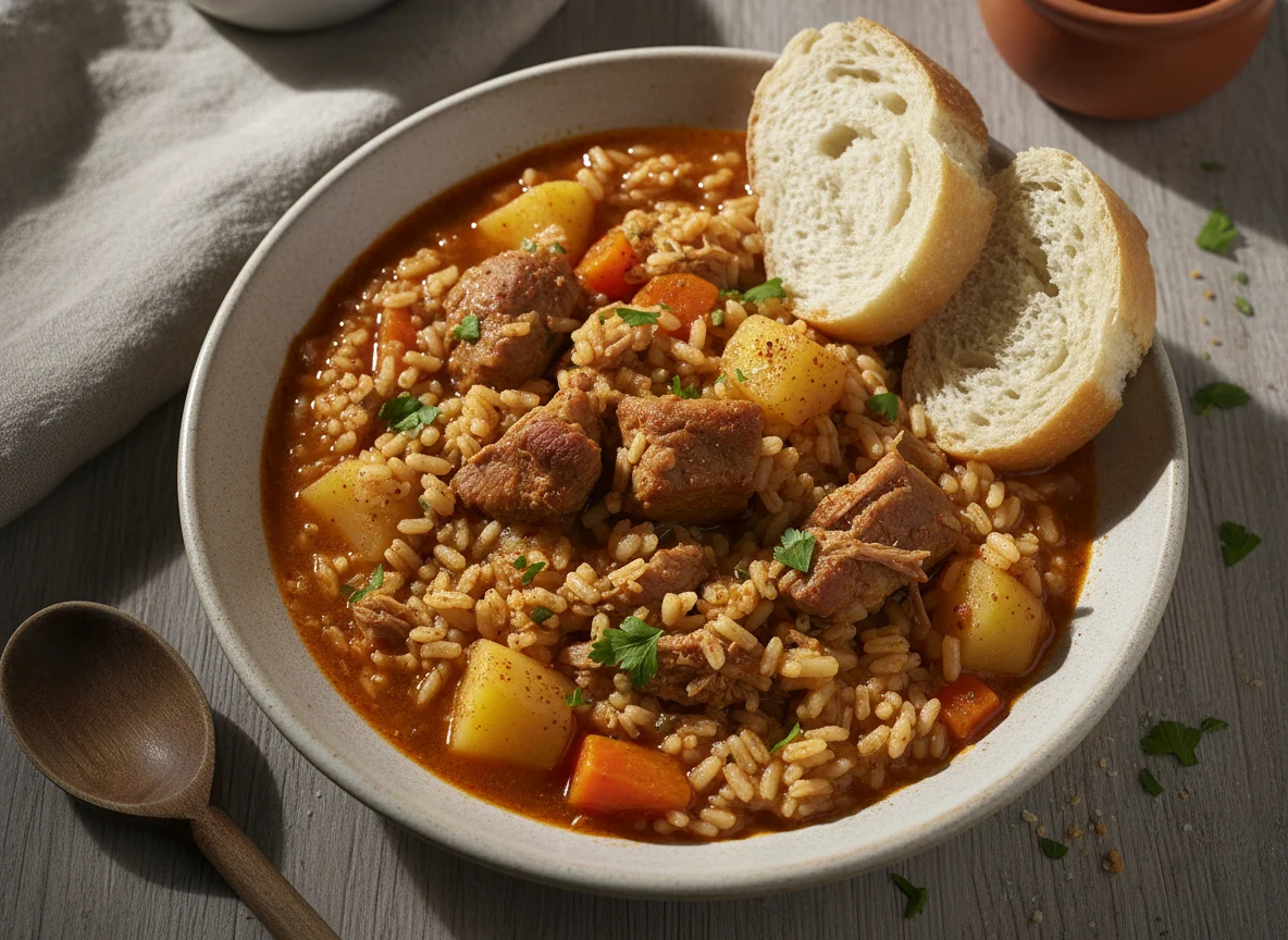 Guiso de arroz con carne y pan photo