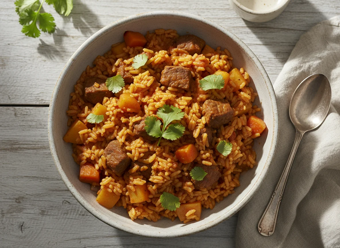 Guiso de arroz con carne y verduras photo