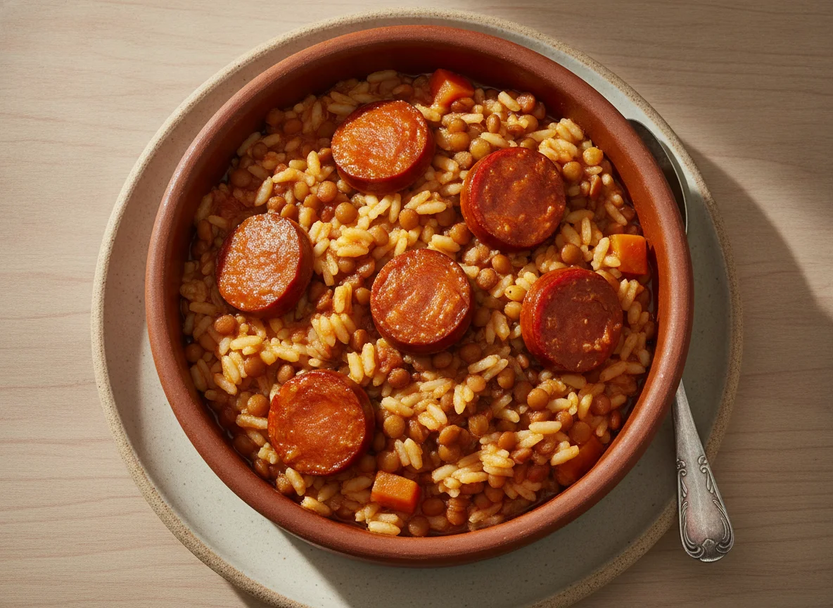 Guiso de arroz con chorizo y lentejas photo
