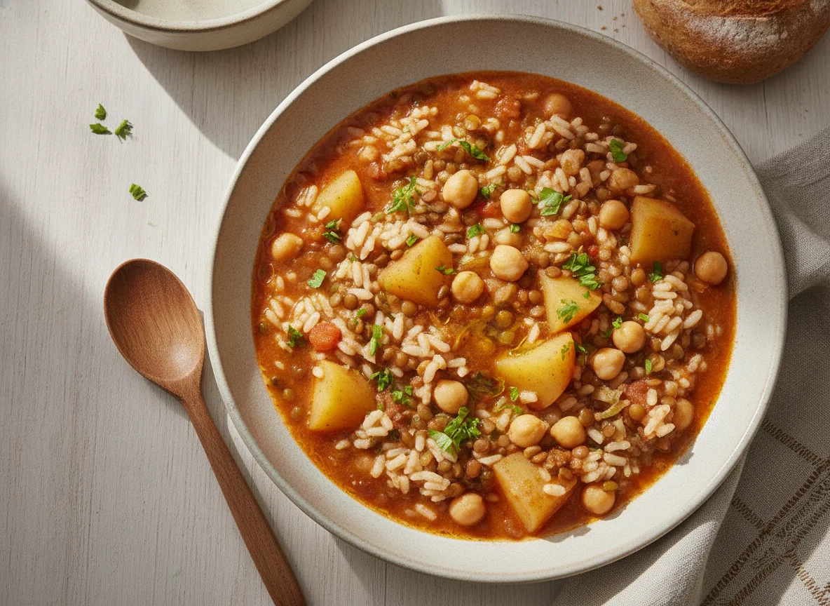 Guiso de arroz con patatas y legumbres photo