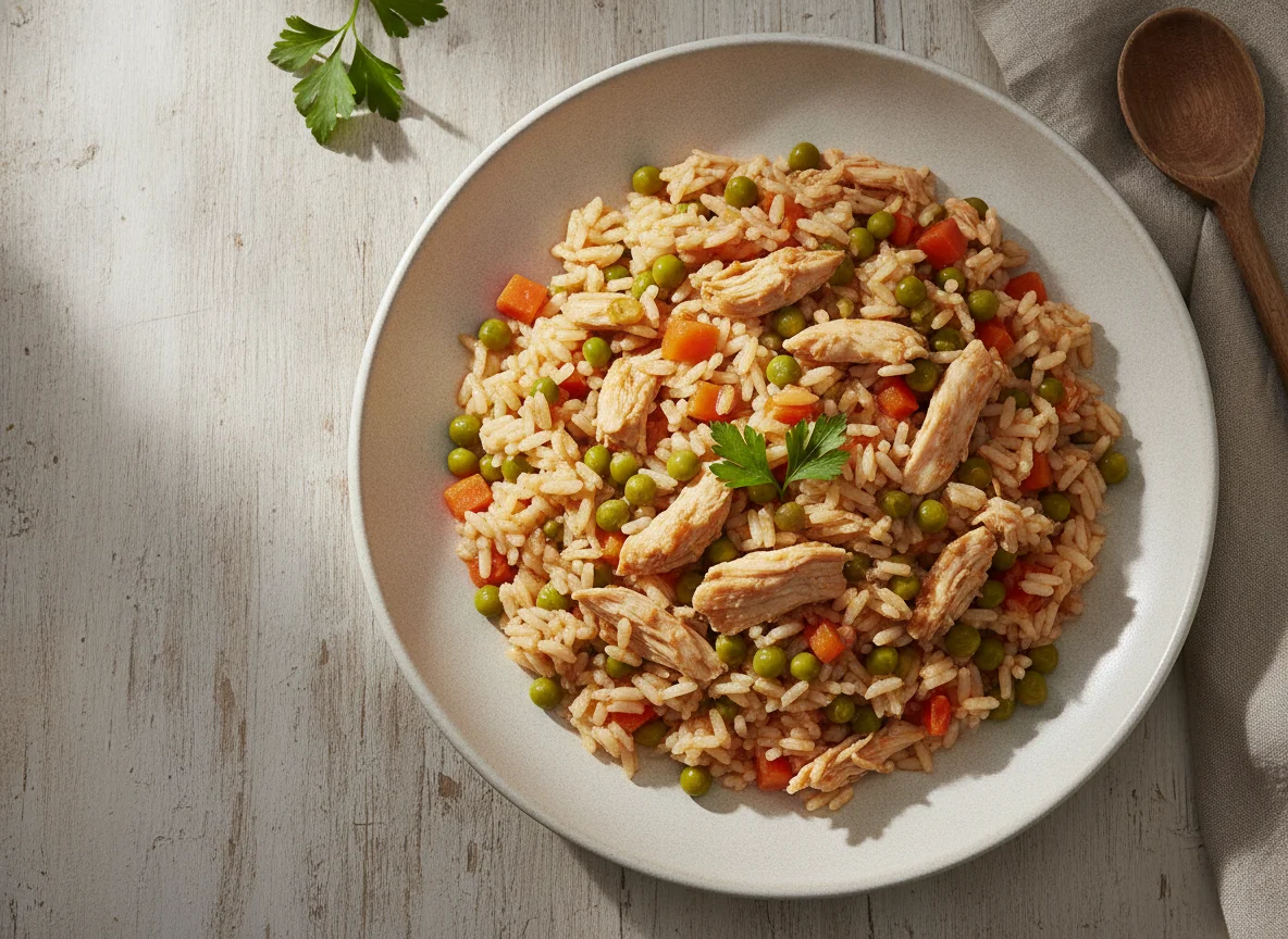 Guiso de arroz con pollo y vegetales photo