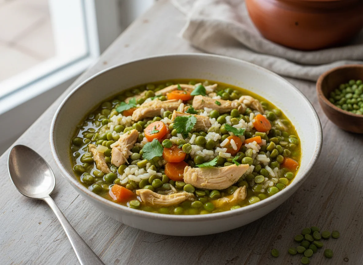 Guiso de arvejas partidas con pollo y arroz photo