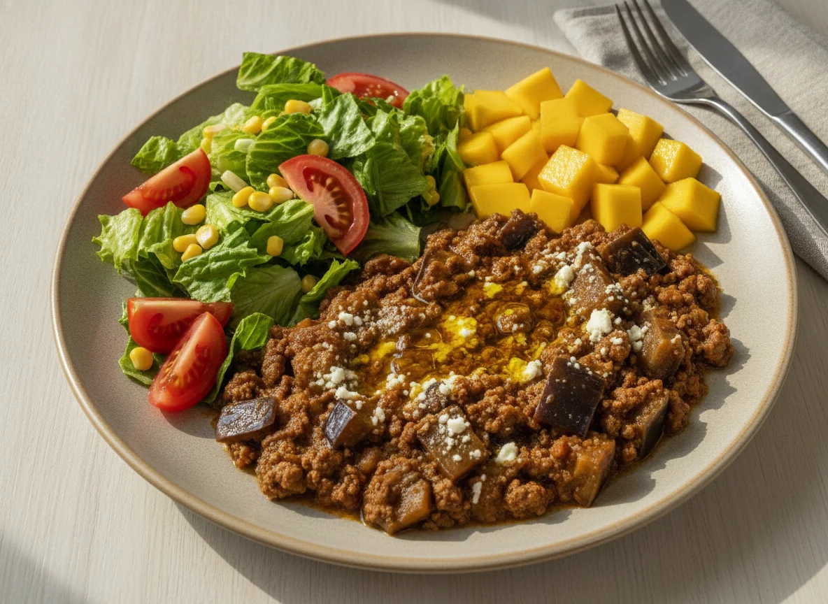 Guiso de berenjenas con ensalada y fruta photo