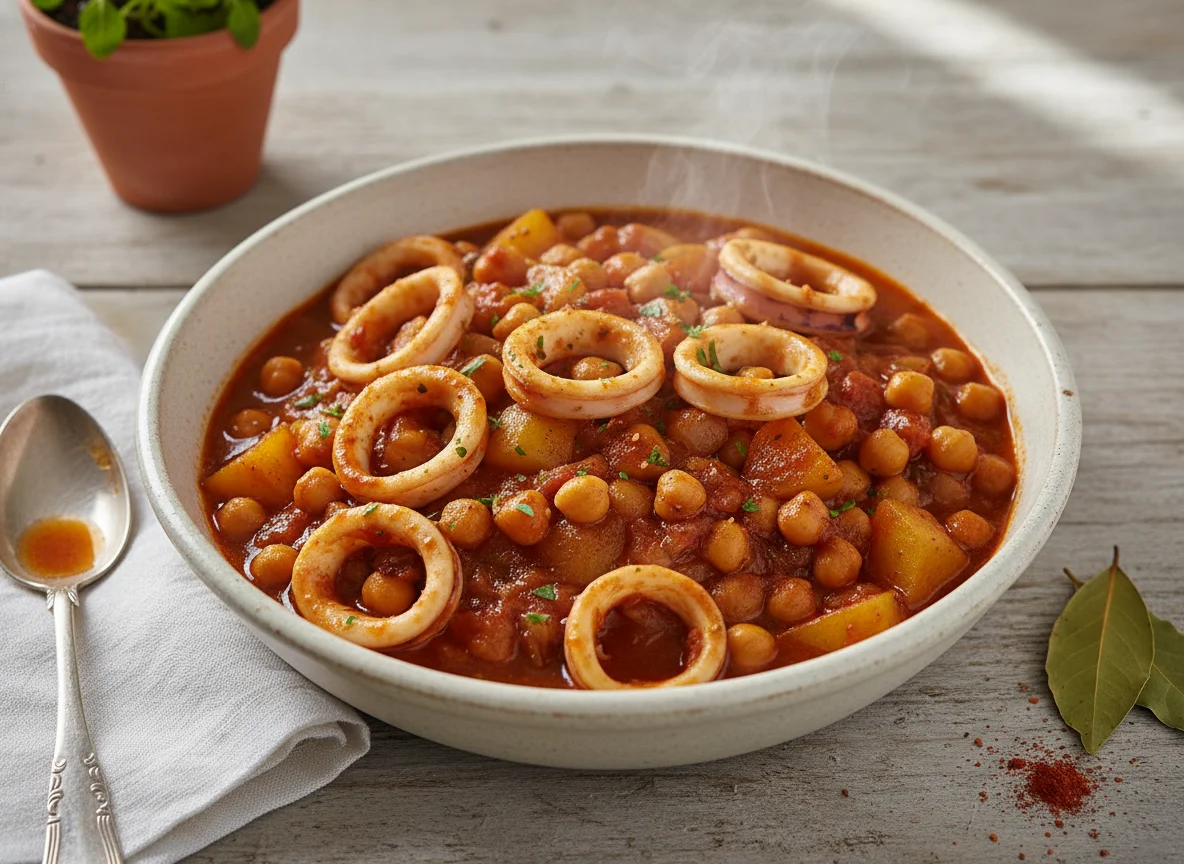 Guiso de calamares con patatas y garbanzos photo