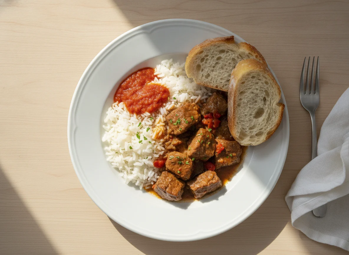 Guiso de carne con arroz y pan photo