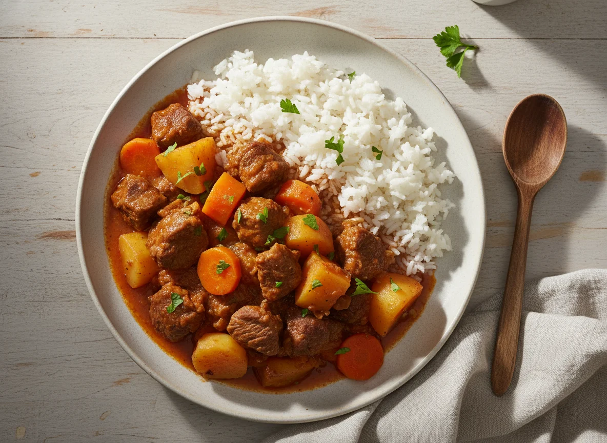 Guiso de carne con arroz y papas photo