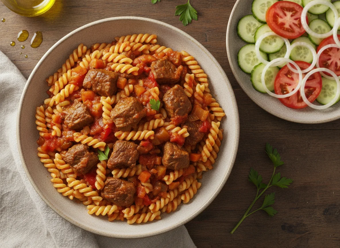 Guiso de carne con fideos tornillitos y ensalada photo