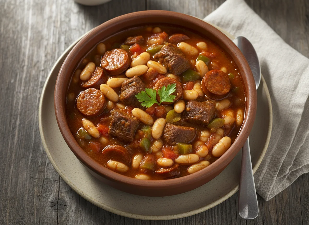 Guiso de carne con frijoles y salchicha photo