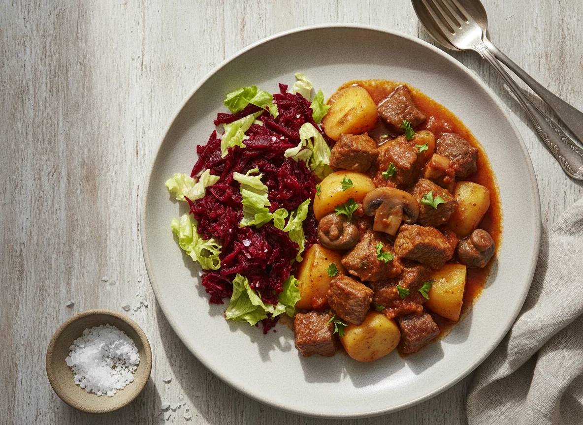Guiso de carne con papas, ensalada de remolacha y lechuga photo