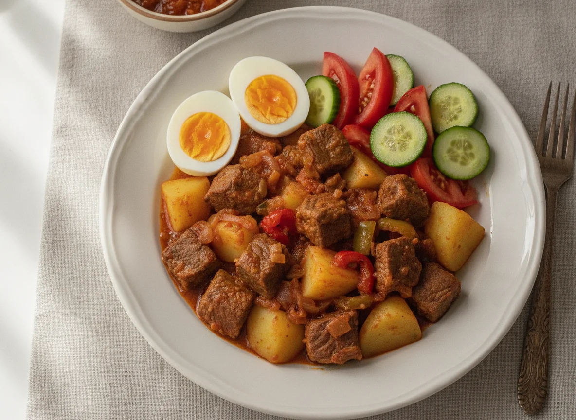 Guiso de carne con papas, huevos duros y ensalada photo
