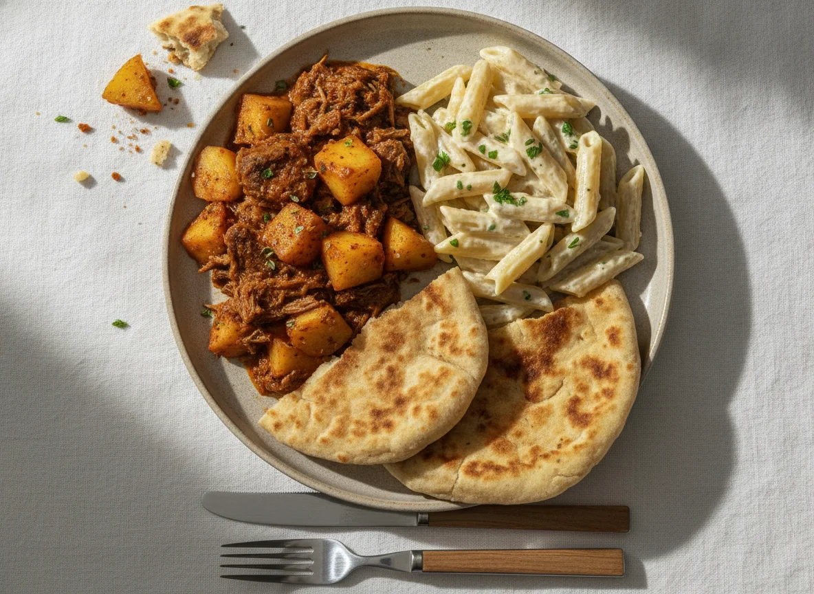 Guiso de carne con papas, pasta penne cremosa y pan plano photo
