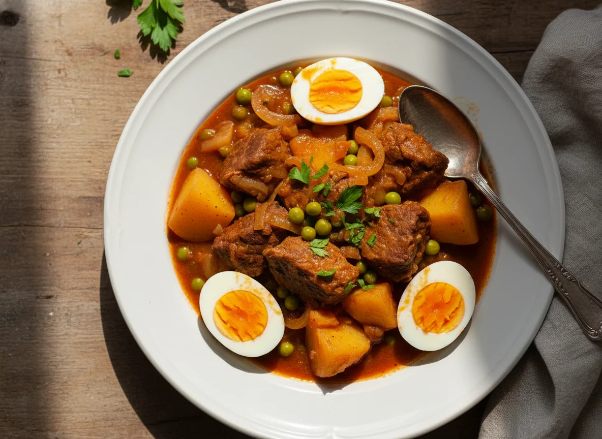 Guiso de carne con papas y huevo photo