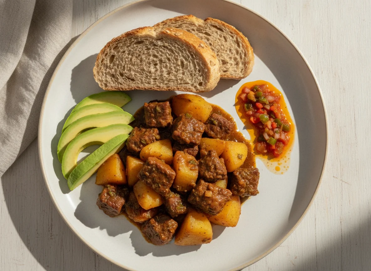 Guiso de carne con patatas, aguacate y pan integral photo