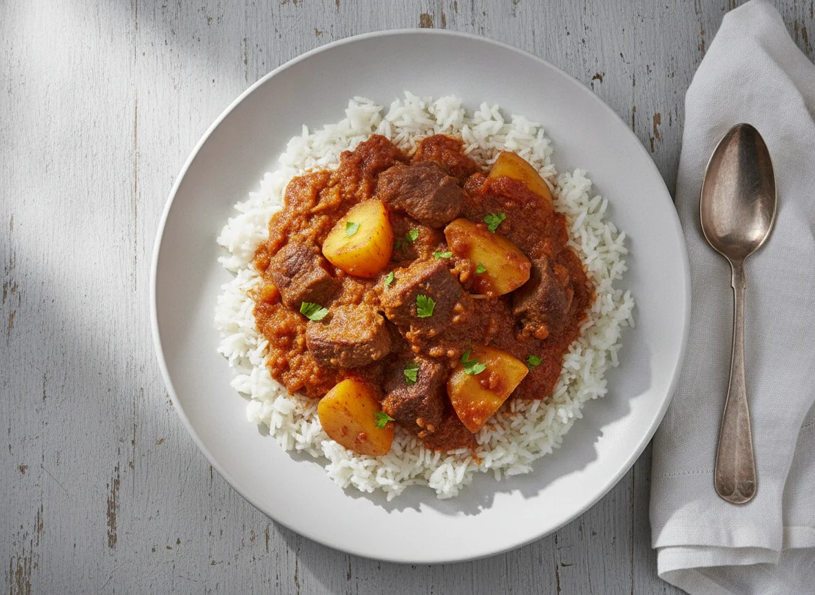 Guiso de carne con patatas y arroz photo