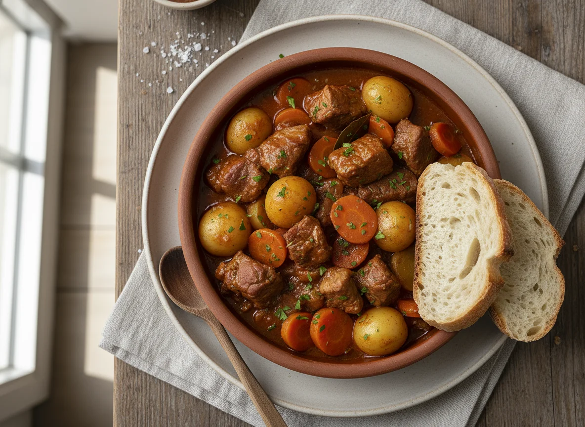 Guiso de carne con patatas y pan photo