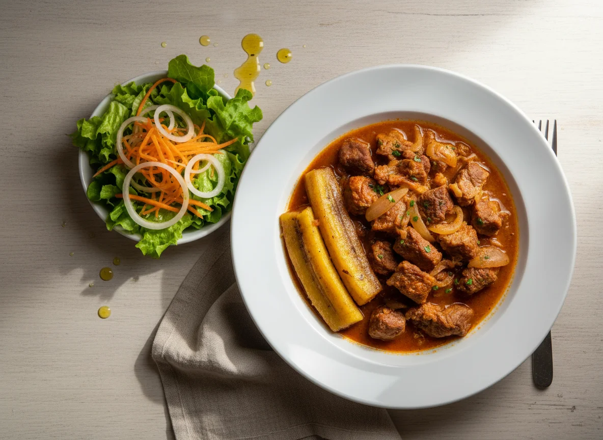 Guiso de carne con plátano y ensalada photo