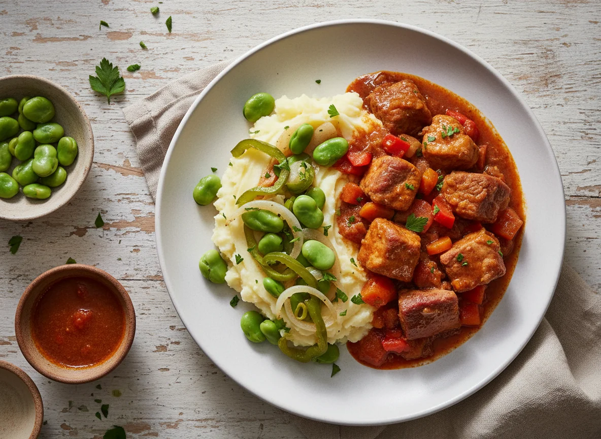 Guiso de carne con puré y habas photo