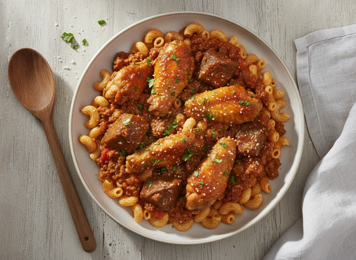 Guiso de carne y pollo con pasta photo