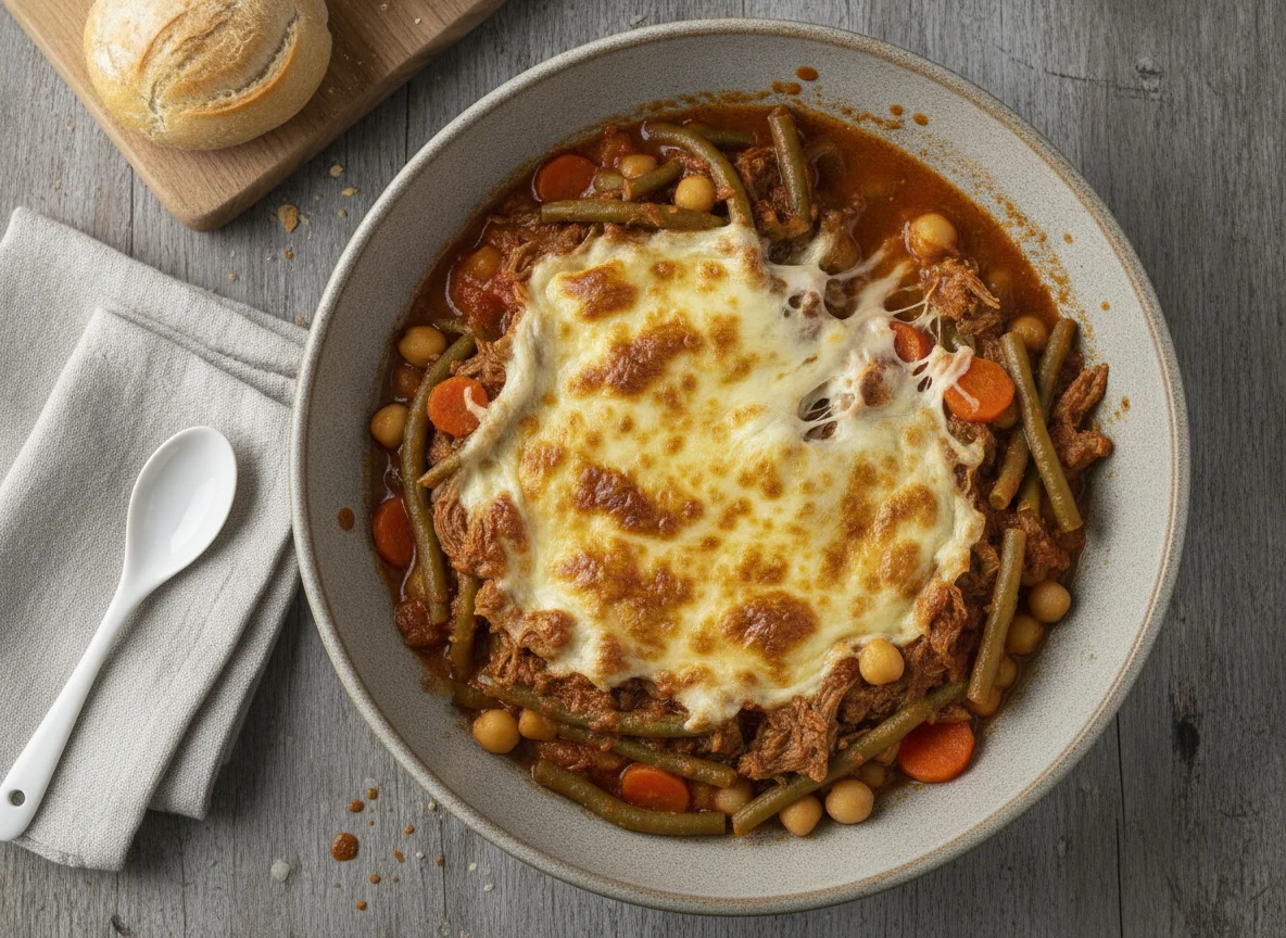 Guiso de ejotes con carne y queso fundido photo