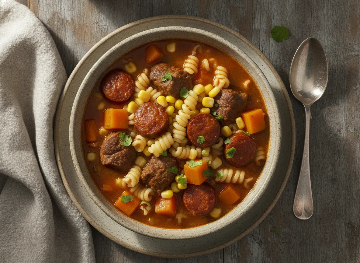 Guiso de fideos con carne y chorizo photo