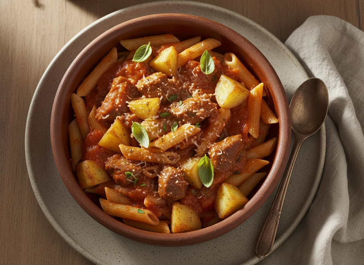 Guiso de fideos con carne y salsa de tomate photo